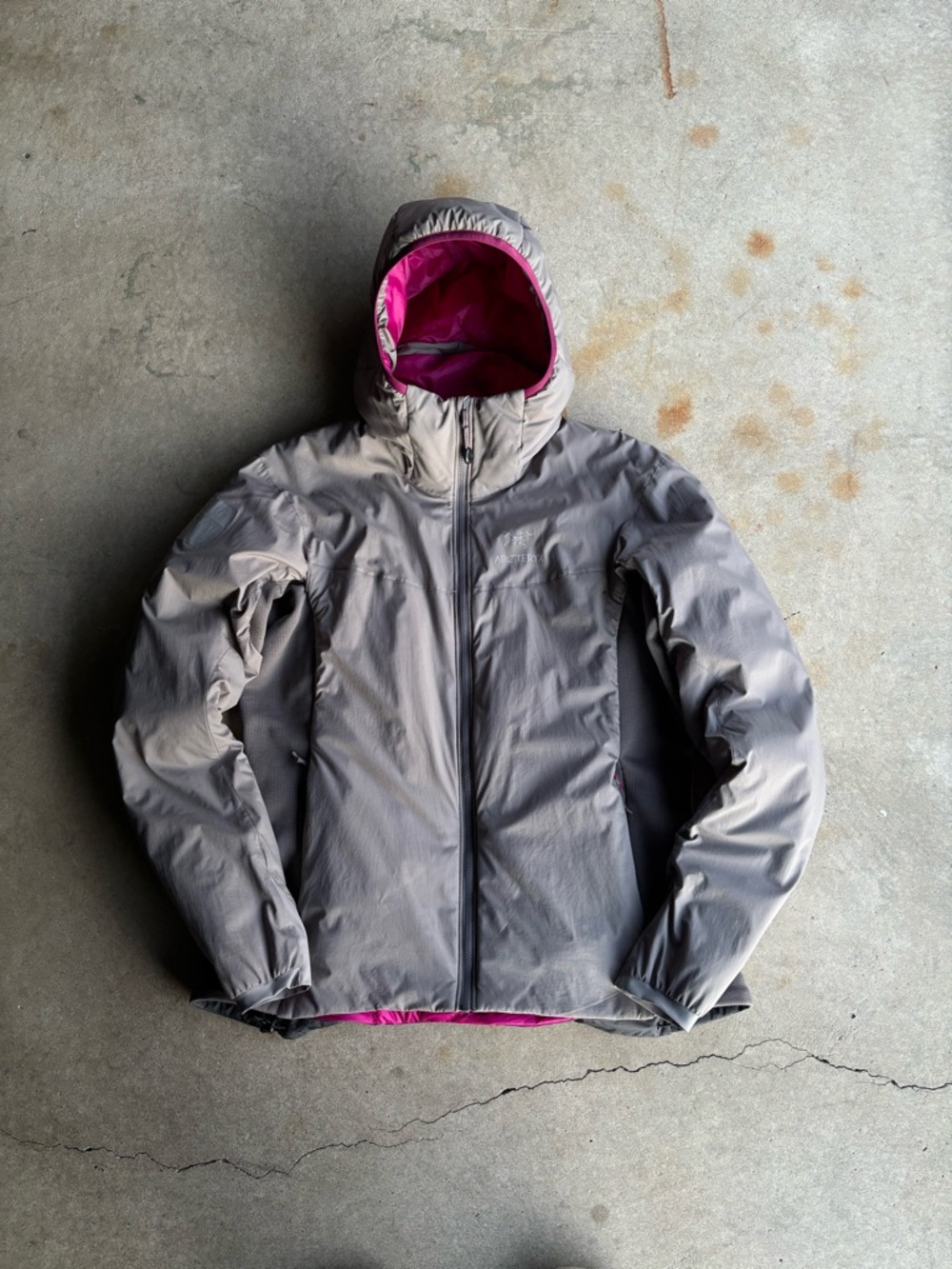 Light Gray Arcteryx Hooded Jacket with Pink Lining